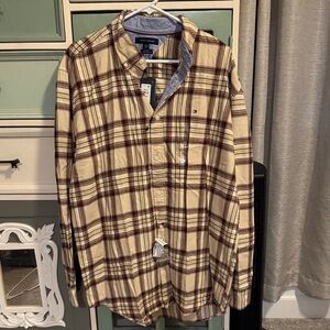 Tommy Hilfiger Beige and Burgundy Classic Fit Men’s XL Plaid Shirt